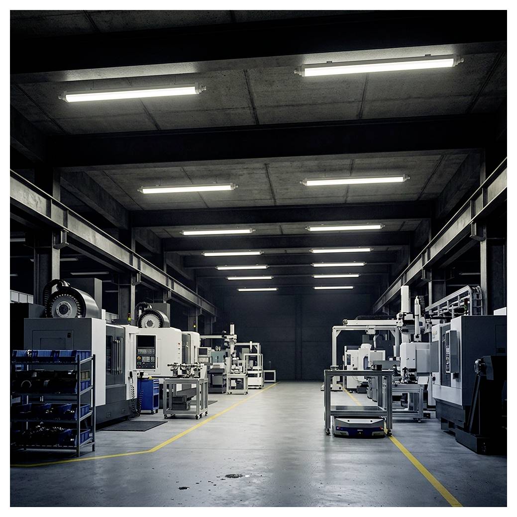 Grand atelier industriel avec des rangées de machines automatisées et d'équipements le long d'une allée centrale sous des lumières de plafond brillantes.