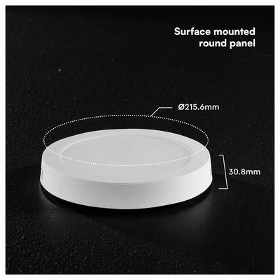 Panneau lumineux rond en saillie montré avec des dimensions Ø215,6 mm et 30,8 mm de hauteur.