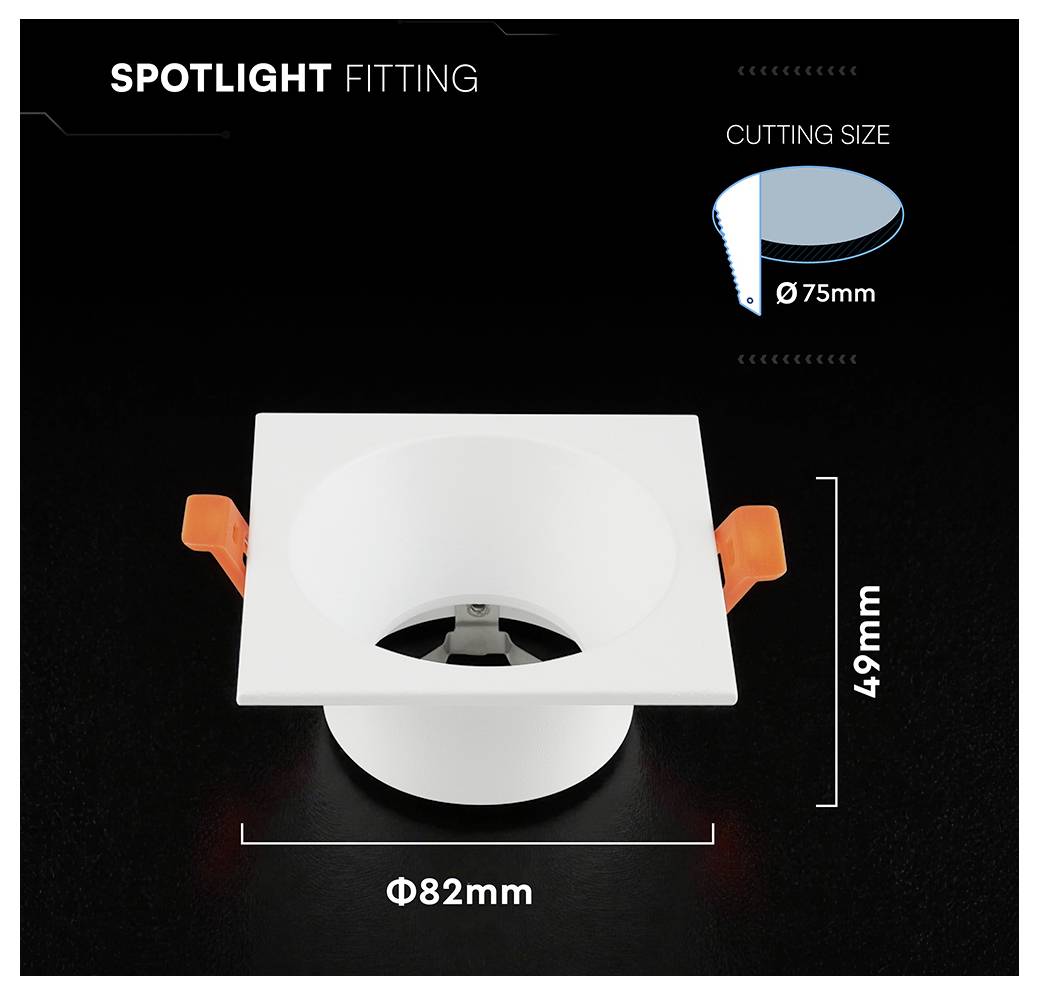 Projecteur à encastrer avec plaque de face carrée blanche et clips orange ; dimension d'ouverture Ø75mm, dimension globale Ø82mm, hauteur 49mm.