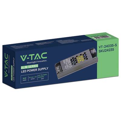 Alimentation LED série fine V-TAC encadrée, modèle VT-24035-S, 35W, avec image produit et spécifications entrée/sortie sur l'emballage.