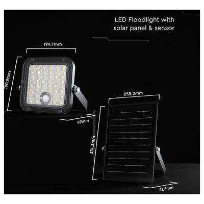 Schéma des dimensions d'un « Projecteur LED avec panneau solaire et capteur », montrant les vues de face et de dos avec les mesures du projecteur et du panneau.