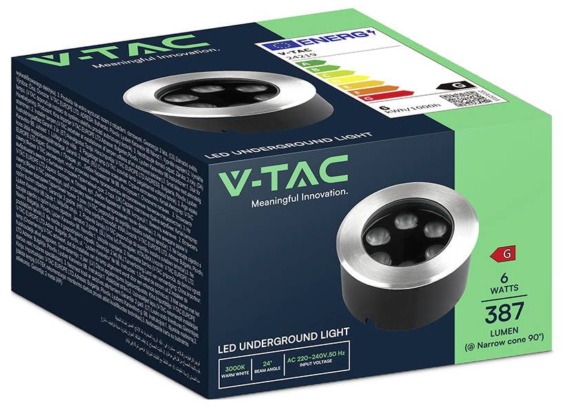 Emballage de luminaire LED souterrain V-TAC en vert et bleu foncé, montrant un spot encastré rond ; étiqueté 6 watts, 387 lumens, faisceau étroit 90° et classification énergétique.