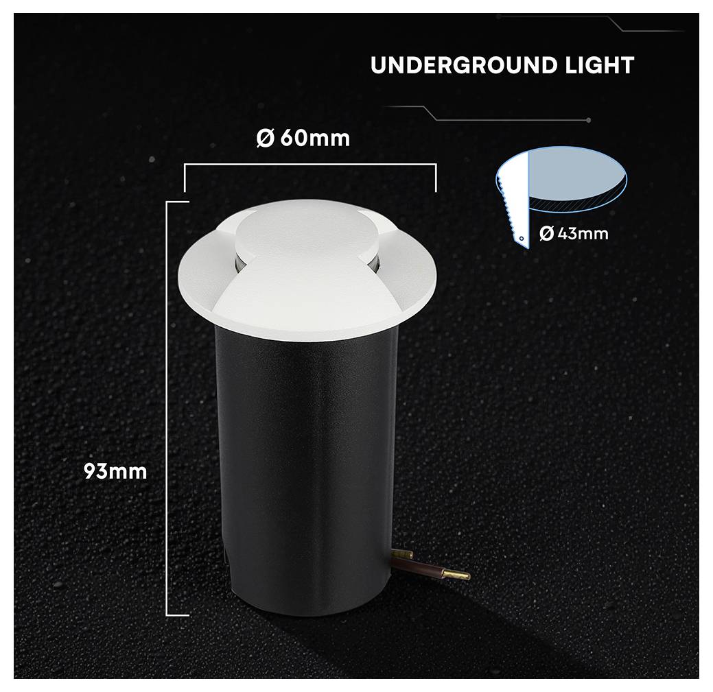 Image produit d'une lumière souterraine affichant les dimensions : diamètre 60 mm, hauteur 93 mm et taille de découpe 43 mm.