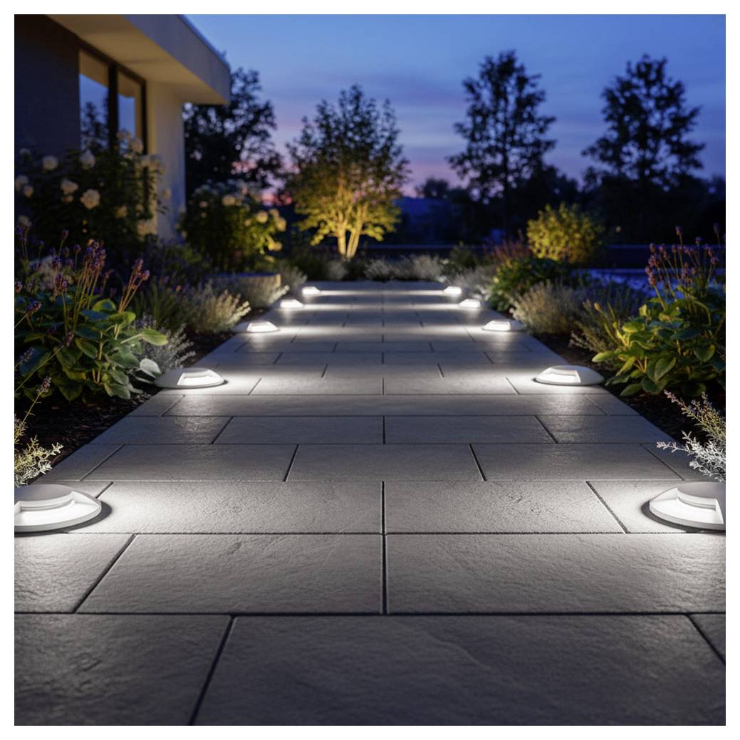 Allée de jardin en pierre illuminée au crépuscule, bordée de petites lumières de sentier et encadrée de fleurs et d'arbres près d'une maison.