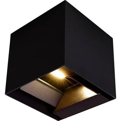 Fixture de lumière murale ou de plafond géométrique noire avec une ampoule brillante chaleureuse à l'intérieur, présentée sur fond blanc.