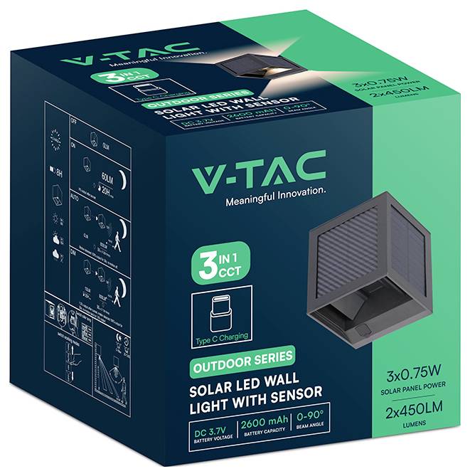 Lampadaire solaire LED mural d'extérieur V-TAC avec capteur, présentant une CCT 3-en-1, charge Type C, puissance du panneau solaire 3x0,75W et sortie 2x450 lm.