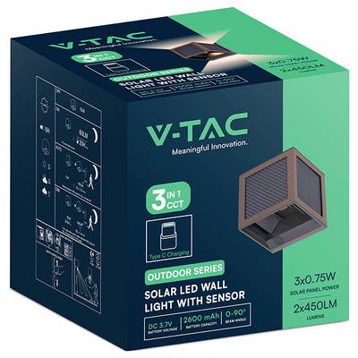 Boîte de produit pour lampe murale LED solaire d'extérieur VTAC avec capteur, affichant "3 en 1 CCT", charge Type C, 3x0,75W, 2x450LM et batterie 2600mAh.
