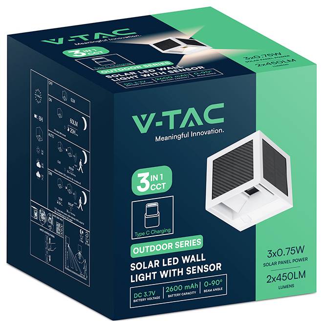 Lampe murale LED solaire d'extérieur V-TAC avec capteur, emballage montrant « 3 en 1 CCT », « Charge USB Type C », 3x0,75W, 2x450lm, et image du produit sur la boîte.