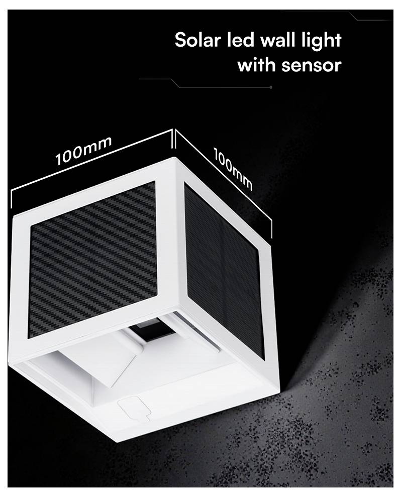 Image produit d'une lampe murale LED solaire en forme de cube avec capteur, affichant des dimensions de 100 mm sur chaque côté et un cadre blanc avec des panneaux solaires noirs.