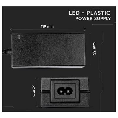 Schéma d'une alimentation électrique plastique LED montrant les vues de dessus et de face avec des dimensions de 119 mm par 52 mm et 32 mm, étiquetée « ALIMENTATION ÉLECTRIQUE PLASTIQUE LED ».