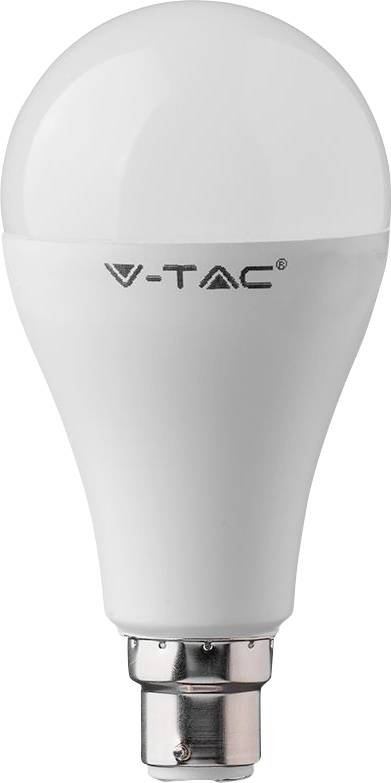 Ampoule LED V-TAC blanche avec une base métallique de style baïonnette, présentée sur un fond uni.
