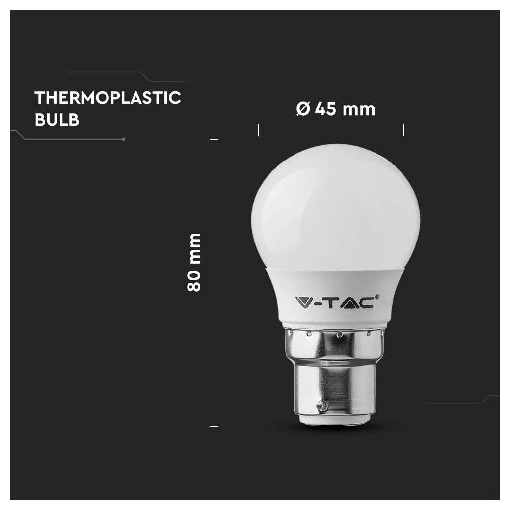 Produit d'ampoule thermoplastique avec image montrant les dimensions étiquetées 80 mm de hauteur et 45 mm de largeur, affichant une ampoule LED V-TAC sur un fond sombre.