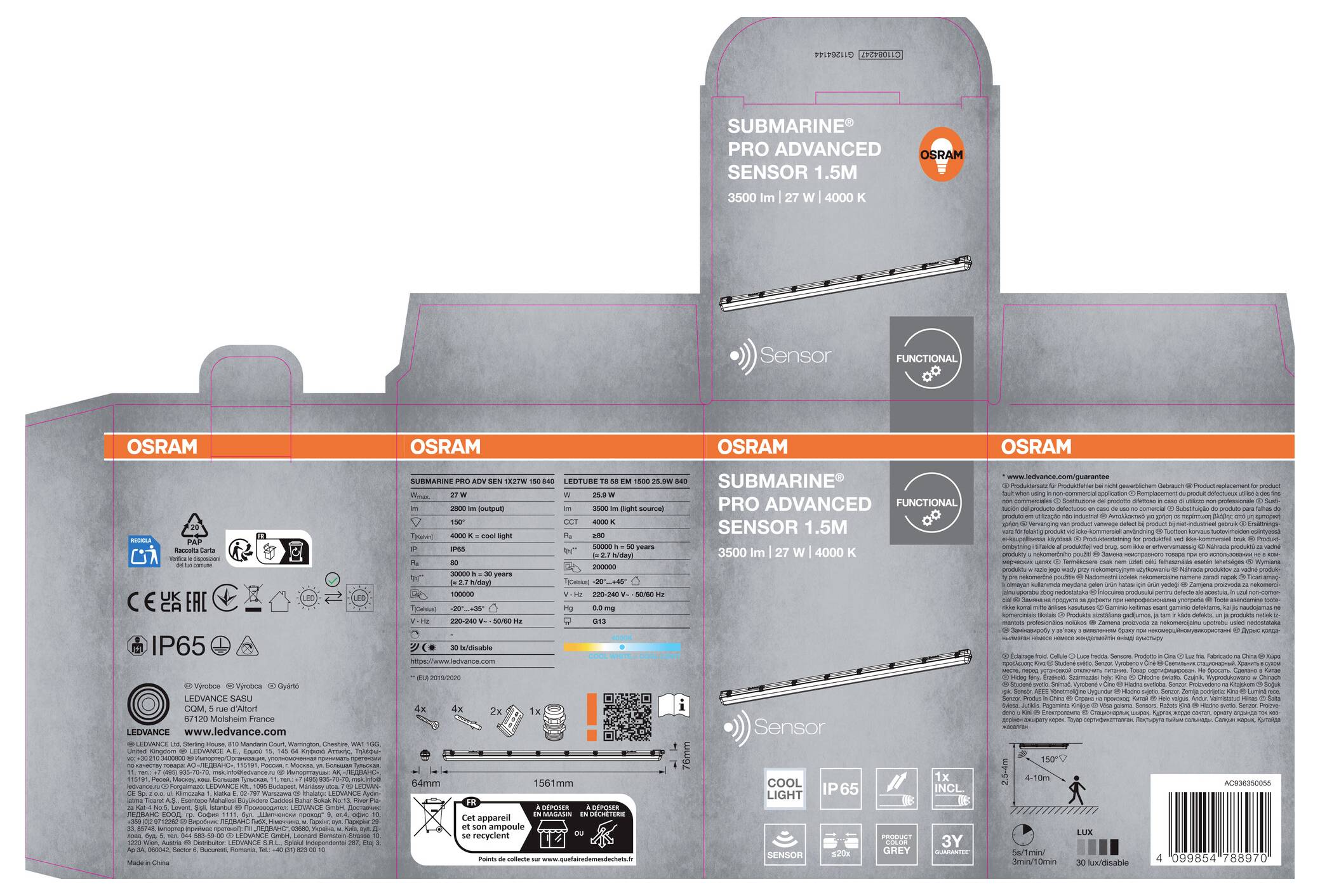 Emballage gris de luminaire OSRAM pour 'SUBMARINE PRO ADVANCED SENSOR 1.5M', montrant des images de produit, des spécifications, des icônes et un code-barres.