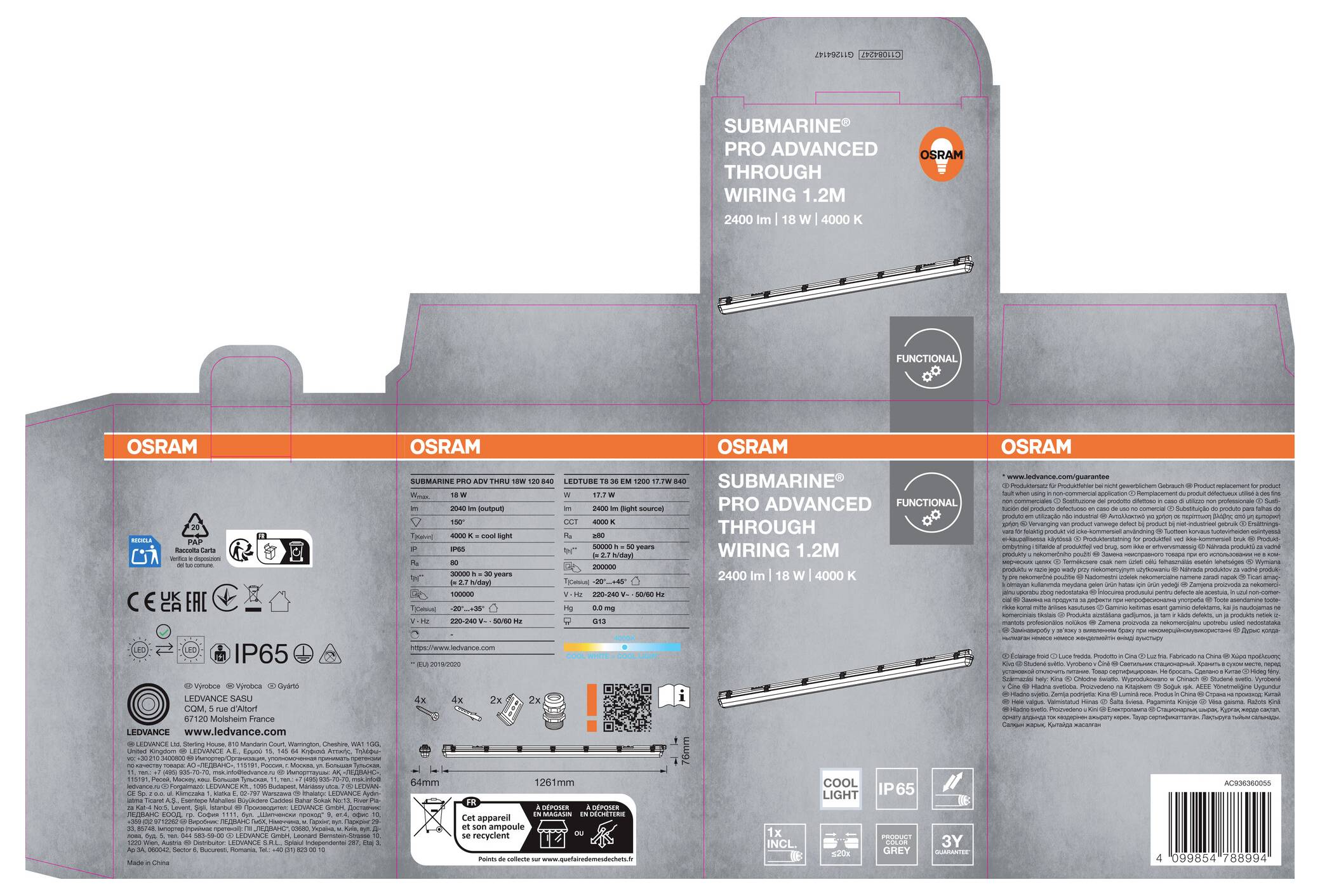 Emballage de produit OSRAM pour « Submarine Pro Advanced Through Wiring 1.2M », montrant le luminaire, l'indice de protection IP65, les spécifications et le code-barres sur une mise en page de boîte grise.