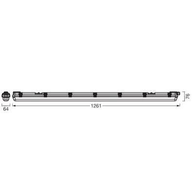 Dessin technique d'un luminaire allongé avec les dimensions suivantes étiquetées : 1261 mm de longueur, 96 mm de hauteur et 64 mm de largeur.