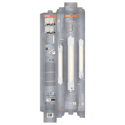 Dieline d'emballage pour tubes LED OSRAM, montrant les panneaux avant et arrière avec photos de produits, spécifications, icônes et codes-barres.