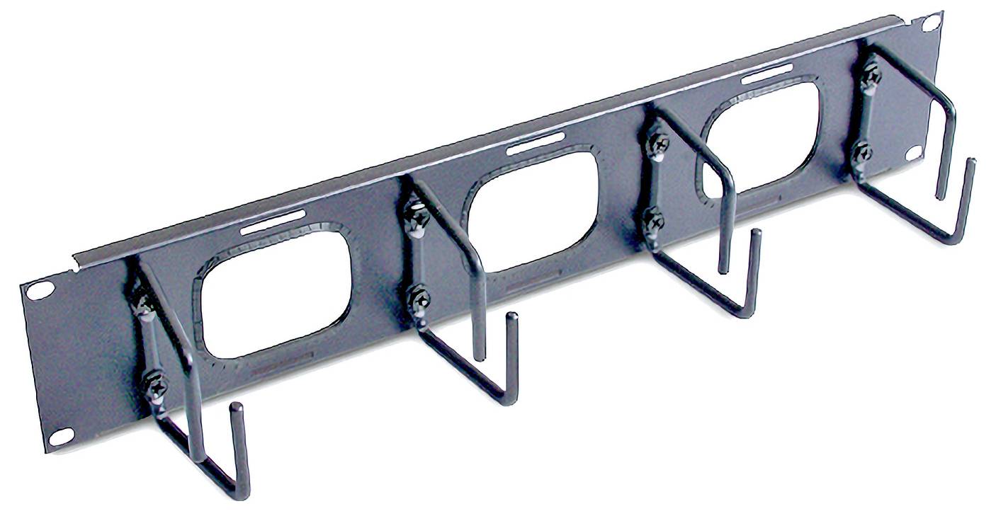 Équerre de montage en rack métallique avec quatre crochets orientés vers le bas et des trous oblongs pour la fixation d'équipements dans un rack serveur ou de câbles.