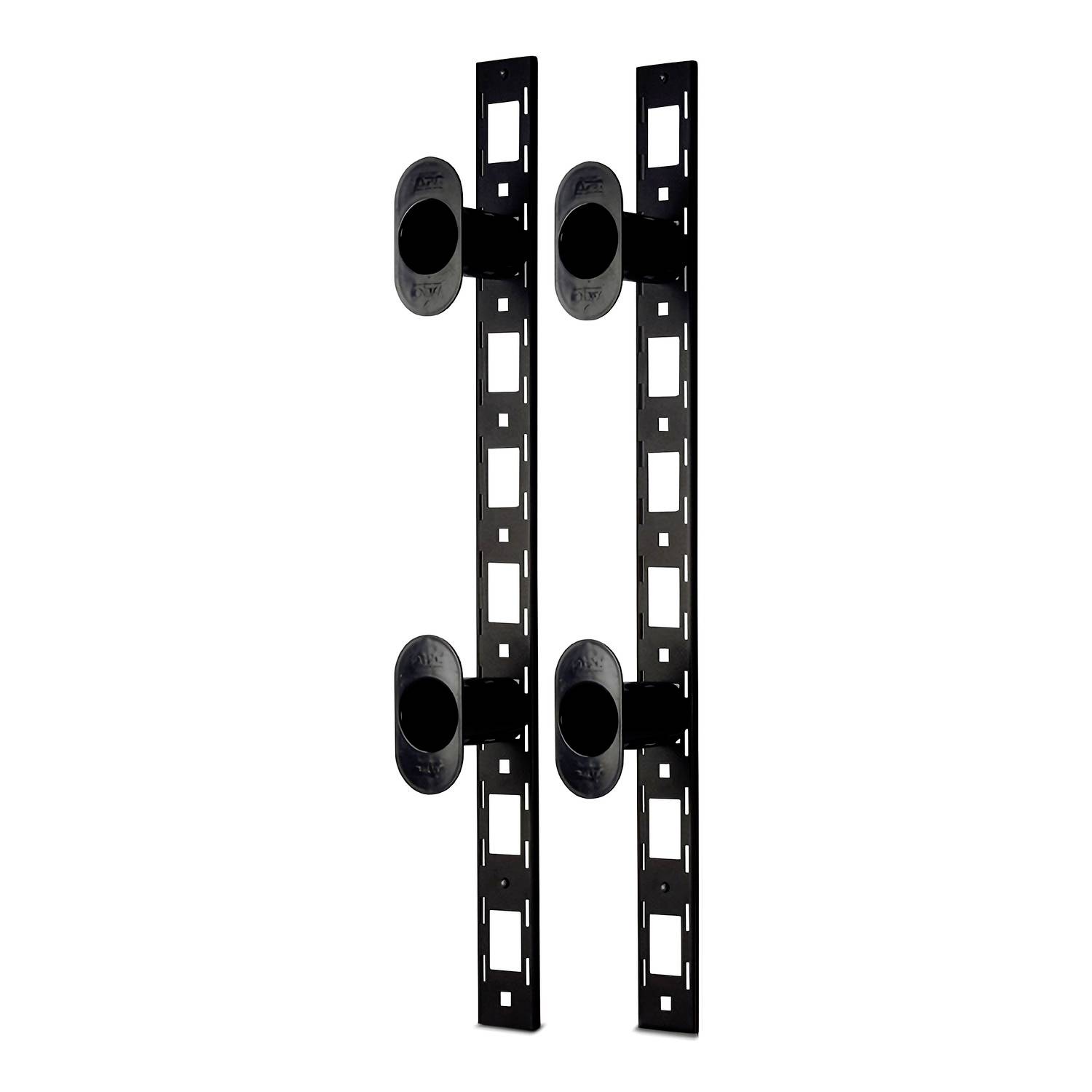 Deux supports de montage mural TV en métal noir avec de multiples découpes rectangulaires et quatre points d'attache circulaires, présentés sur un fond blanc.