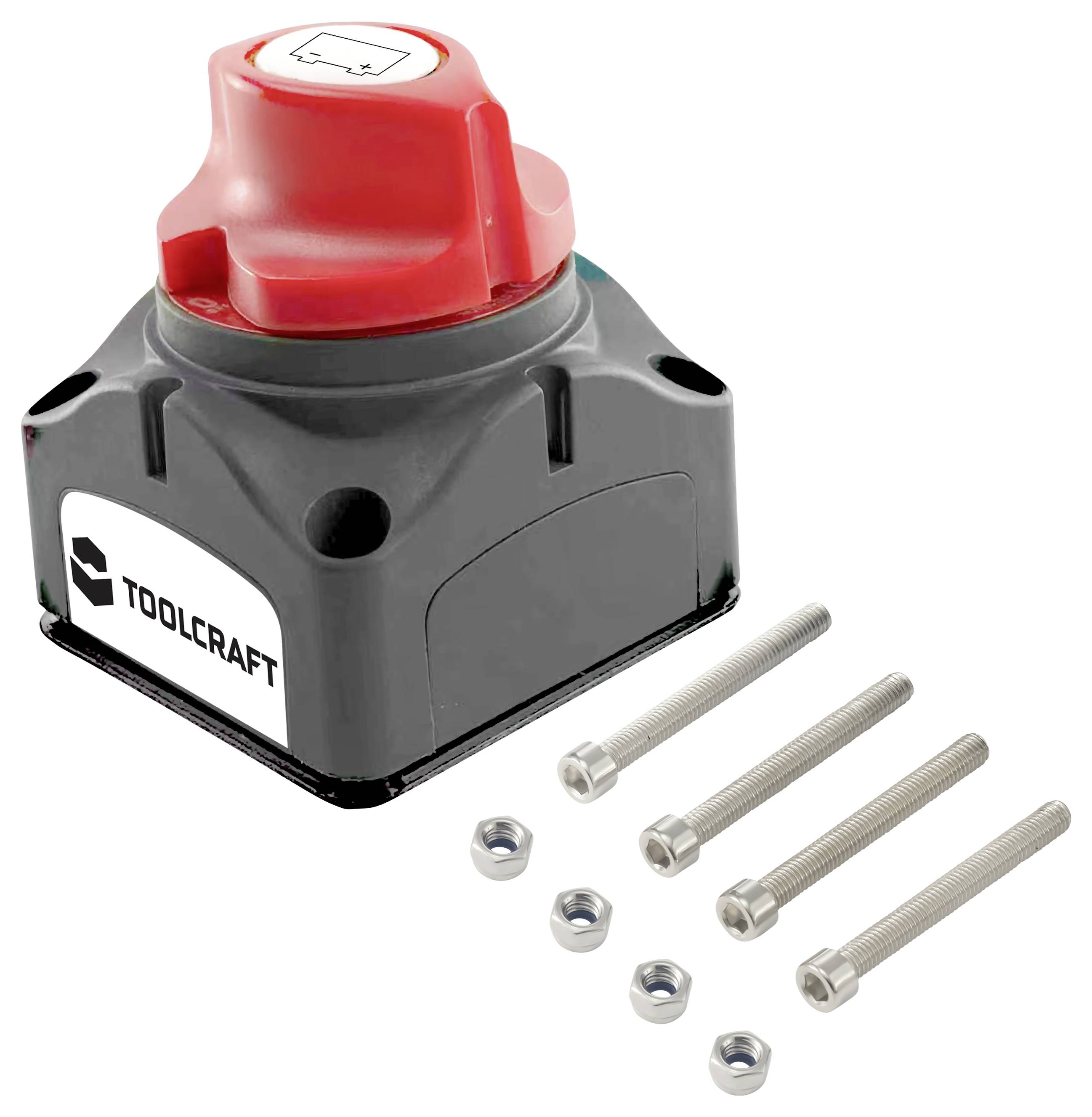 Commutateur d'arrêt d'urgence rouge avec quatre boulons de montage et écrous, marque TOOLCRAFT.