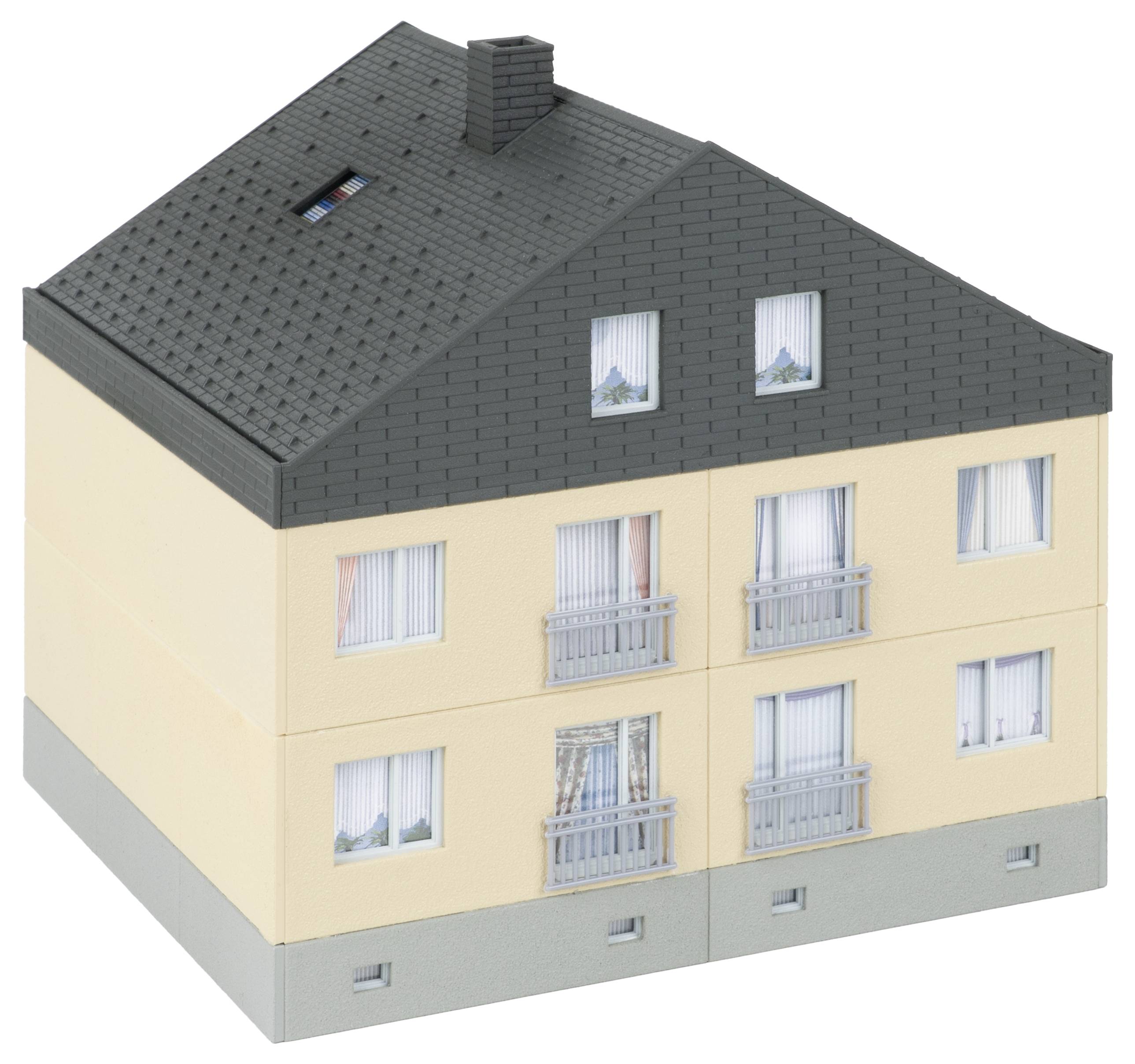 Illustration d'un immeuble d'appartements de deux étages avec un toit foncé, des murs beige, plusieurs fenêtres et de petits balcons.