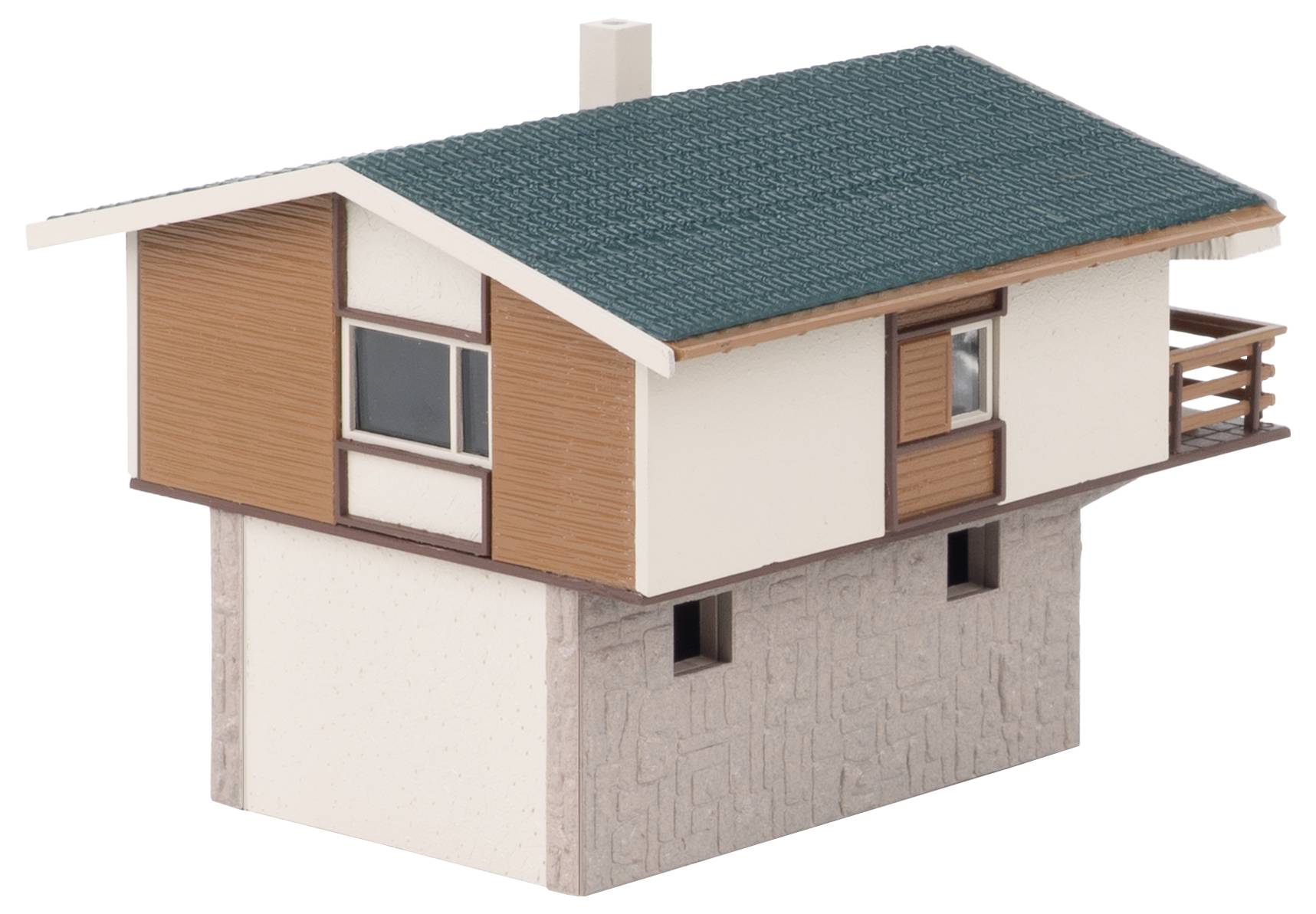 Un petit modèle de maison moderne à deux étages avec un toit bleu-vert, un extérieur blanc et bois, et un niveau inférieur à texture de pierre sur un fond blanc.