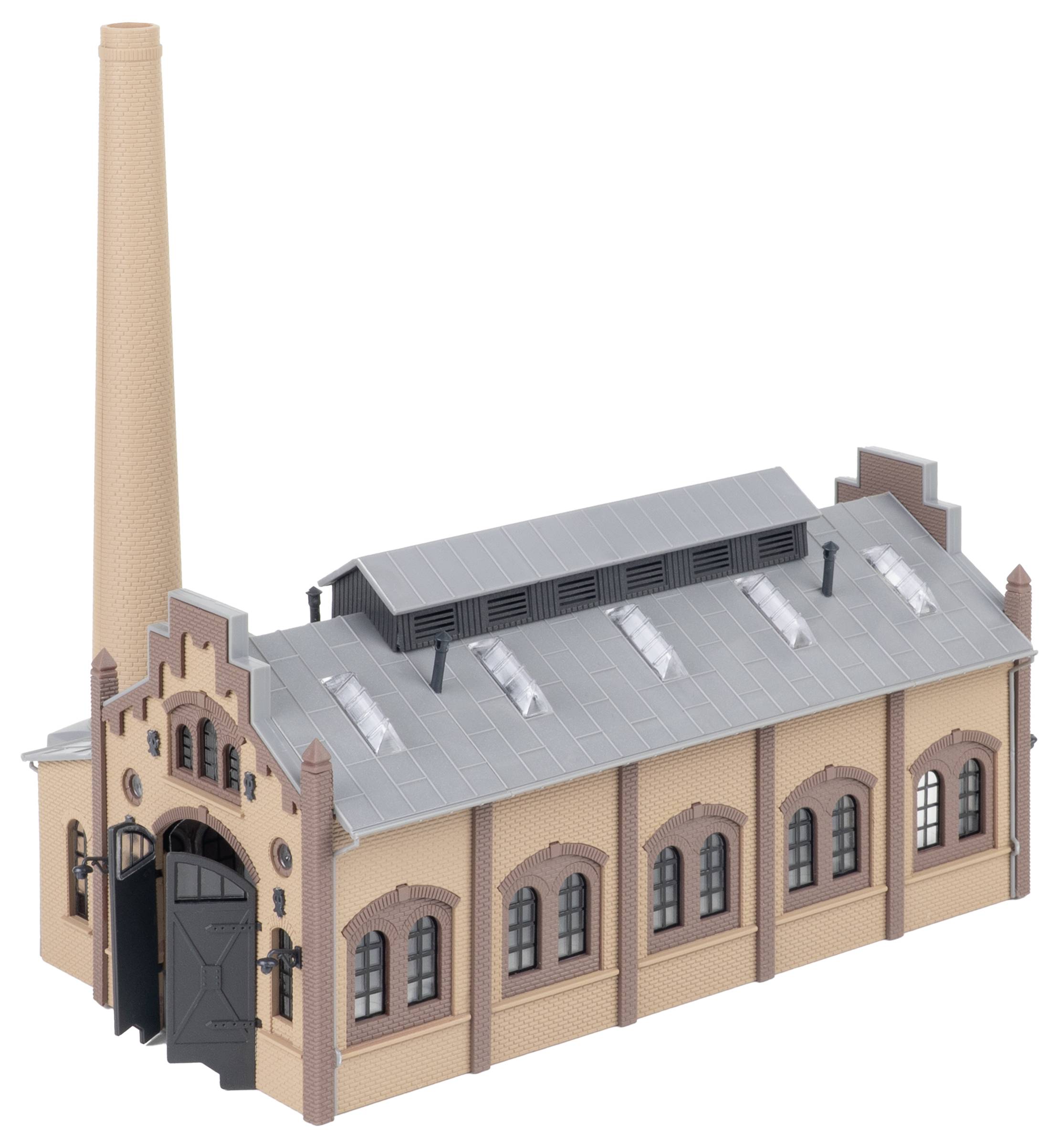 Rendu 3D d'un bâtiment industriel en brique avec une haute cheminée, un toit gris, des fenêtres en arche et de grandes portes de façade.