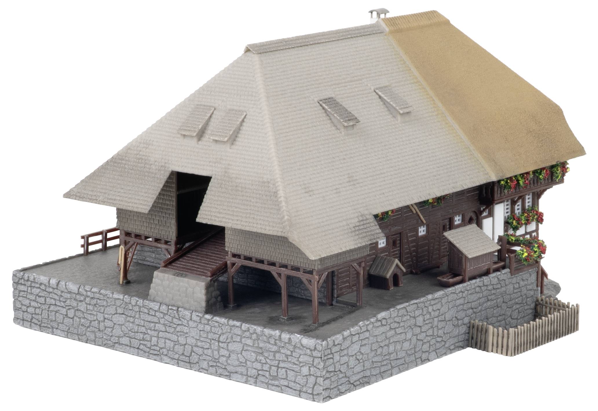 Modèle 3D d'une maison de style médiéval en bois sur une fondation en pierre, vue de face-gauche sur fond blanc.