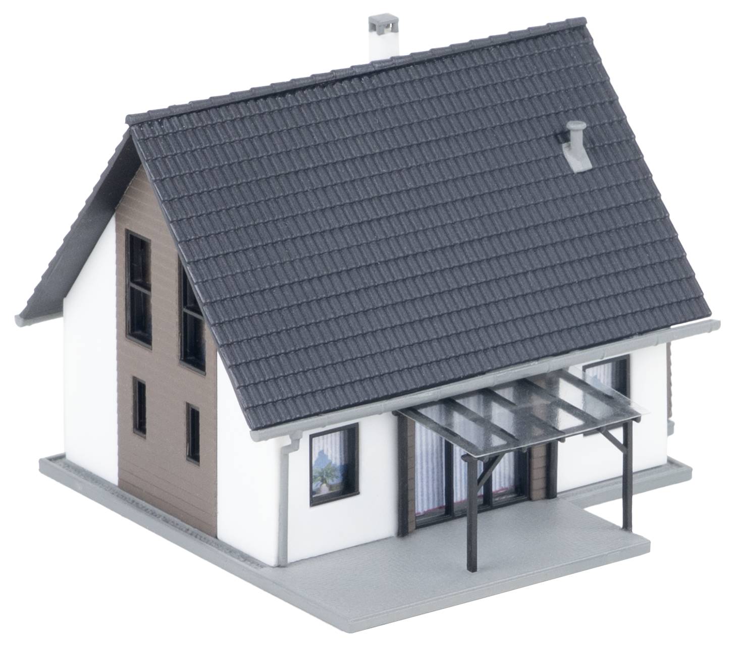 Modèle d'une maison moderne à deux étages avec toit en pente sombre et petit auvent de patio avant.