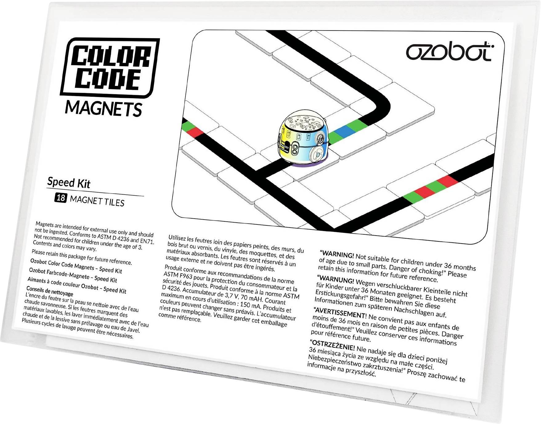 Emballage pour le kit vitesse Ozobot « Color Code Magnets » avec 18 tuiles magnétiques et pièces de piste illustrées pour le robot.