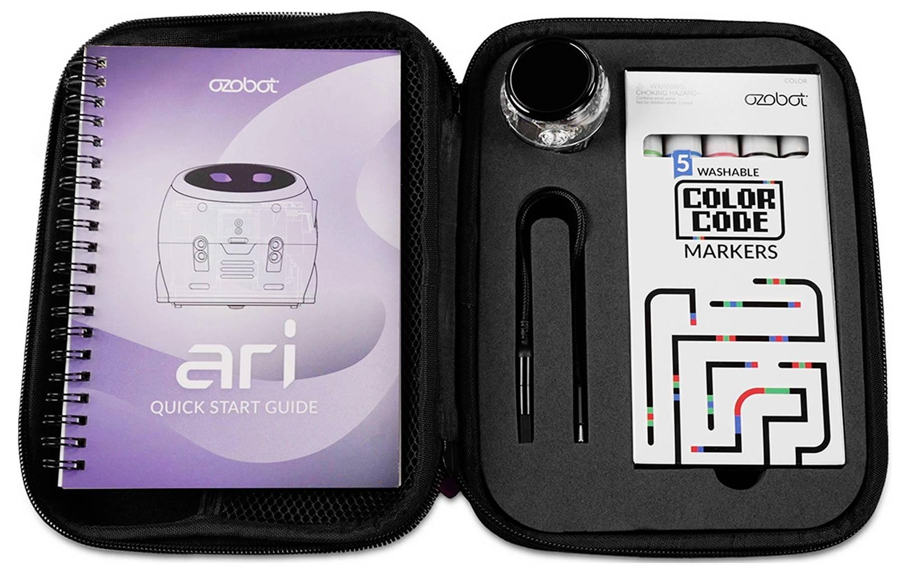 Ouvrir l'étui avec un guide de démarrage rapide Ozobot Ari, des marqueurs codés par couleur, un capuchon d'étalonnage et un outil en forme de stylo disposés dans des compartiments moulés.