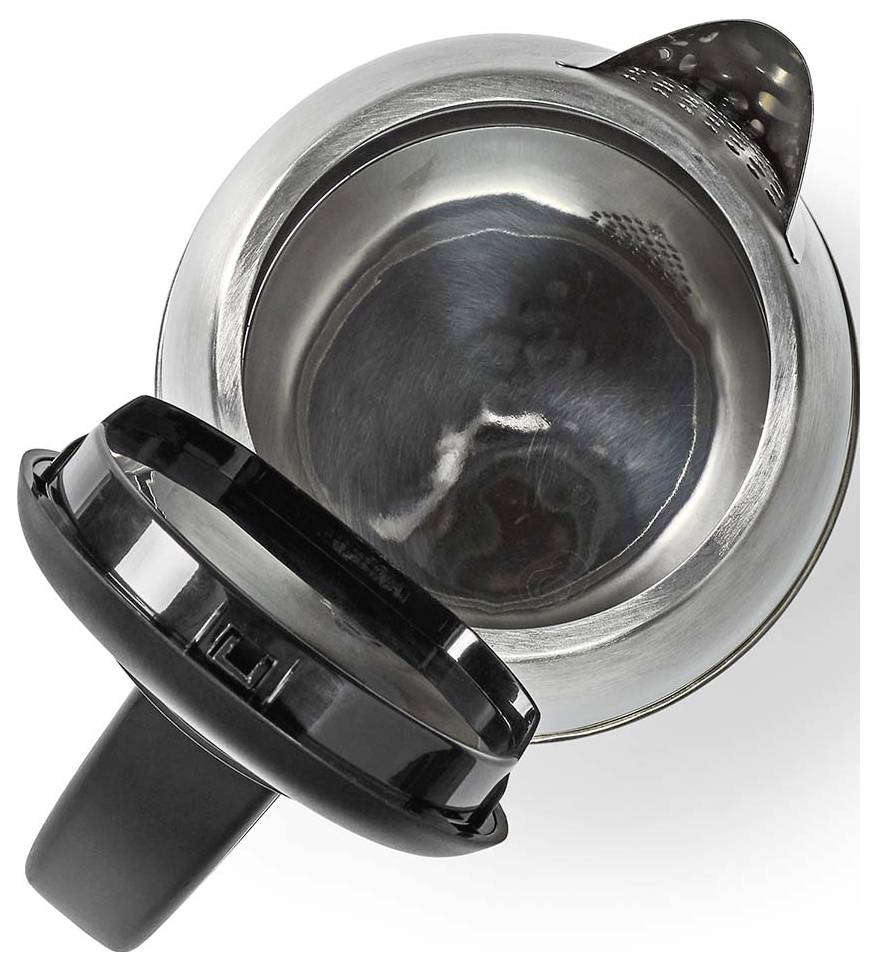 Gros plan d'un couvercle de bouilloire électrique ou thermos en acier inoxydable avec une poignée en plastique noir et un bec verseur, montré sur un fond blanc.