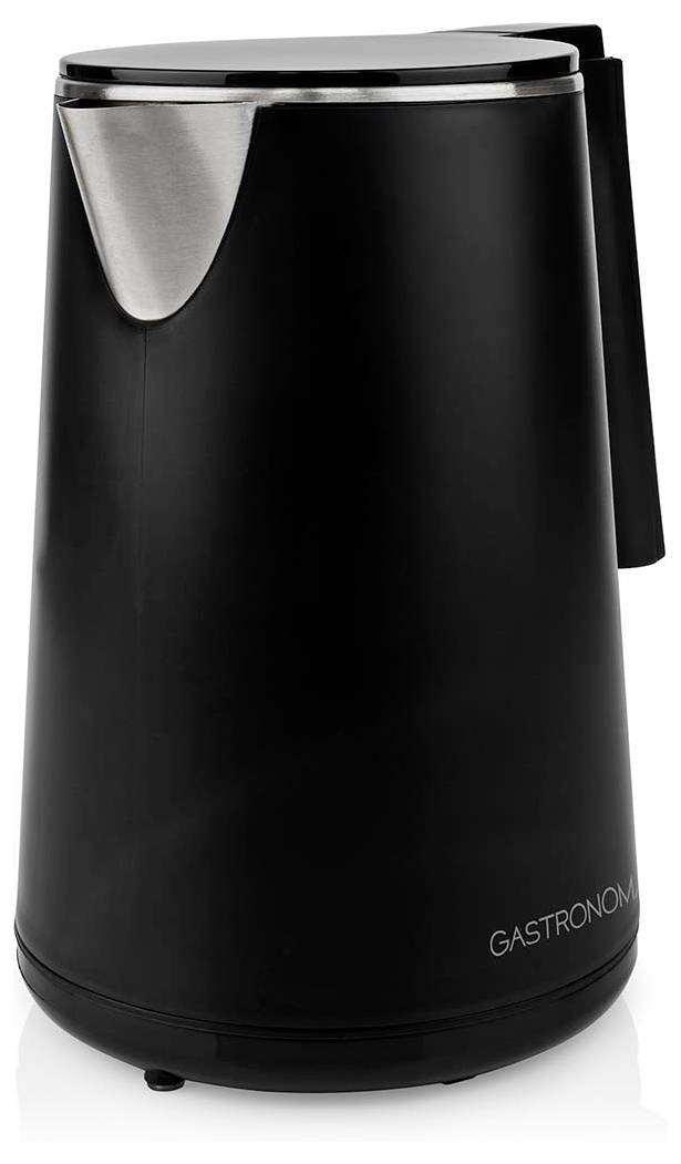 Bouilloire électrique noire avec accent en acier inoxydable et poignée, présentée sur un fond blanc.