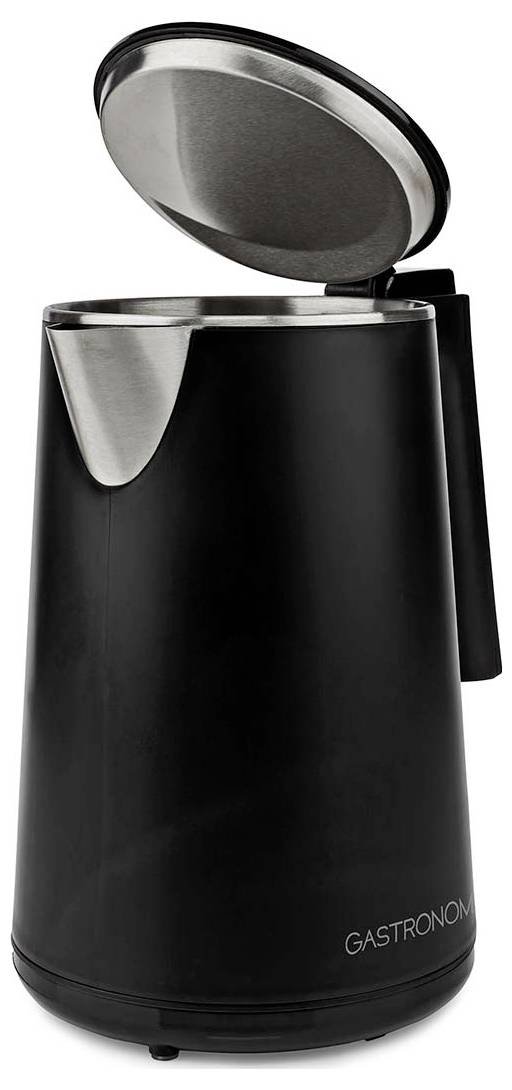 Bouilloire électrique en acier inoxydable noir avec couvercle ouvert, montrant l'intérieur en métal brossé et la marque « GASTRONOM » près de la base.