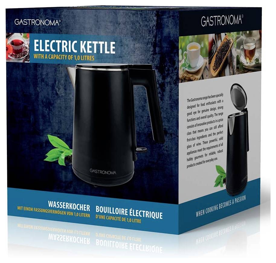 Boîte de produit pour une bouilloire électrique GastroNoma, étiquetée « BOUILLOIRE ÉLECTRIQUE » avec une capacité de 1,0 litre, montrant une bouilloire noire sur l'emballage.
