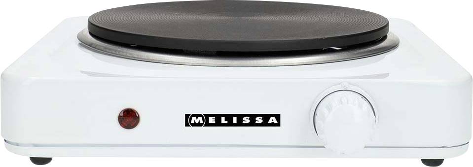 Plaque chauffante électrique Melissa à brûleur unique avec plaque chauffante noire, bouton de commande avant et voyant indicateur rouge à gauche.
