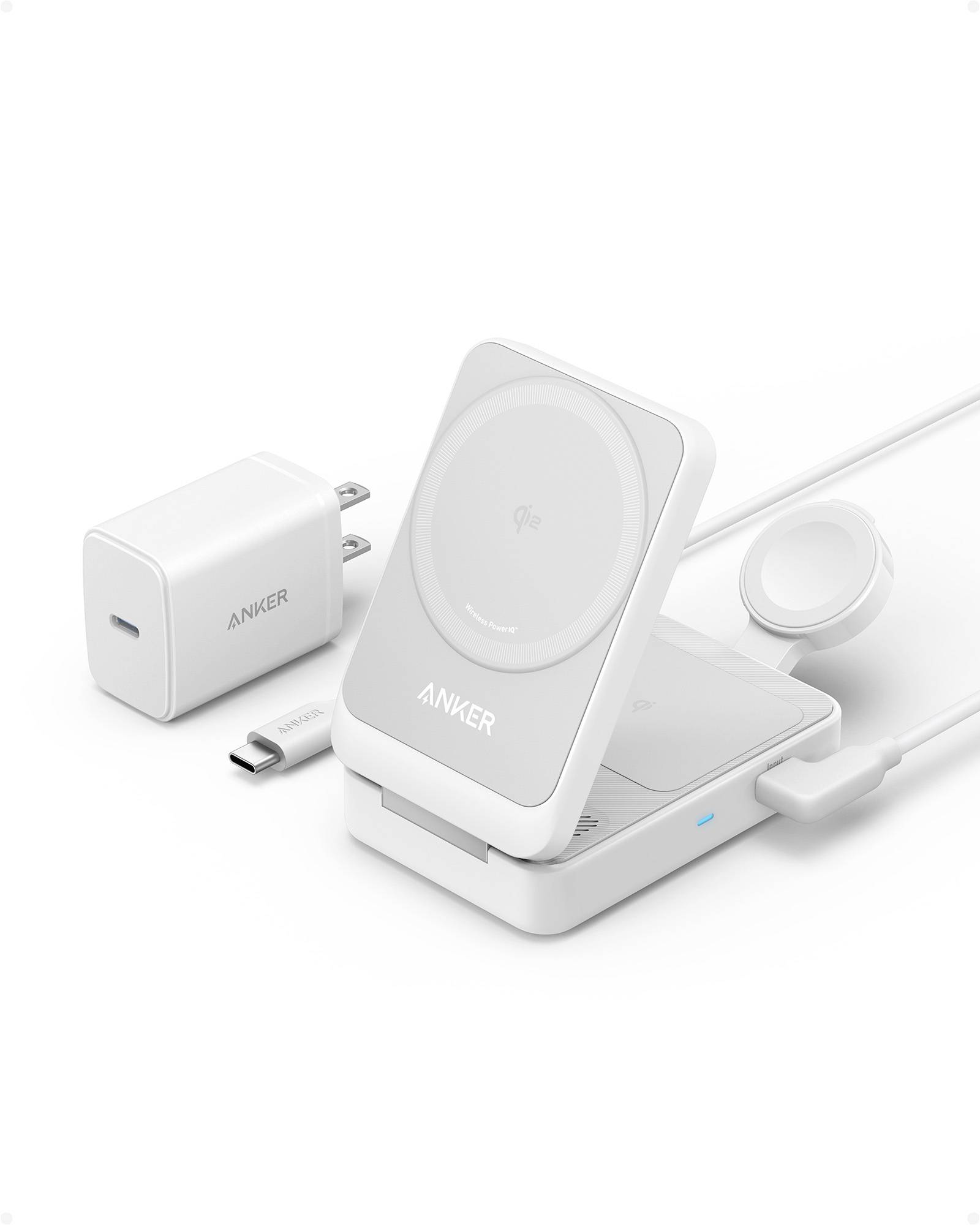 Kit de recharge sans fil Anker avec support de téléphone de style MagSafe, tapis de recharge, chargeur mural, câble USB-C et socle pour montre sur fond blanc.