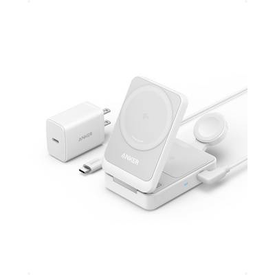 Kit de recharge sans fil Anker avec support de téléphone de style MagSafe, tapis de recharge, chargeur mural, câble USB-C et socle pour montre sur fond blanc.