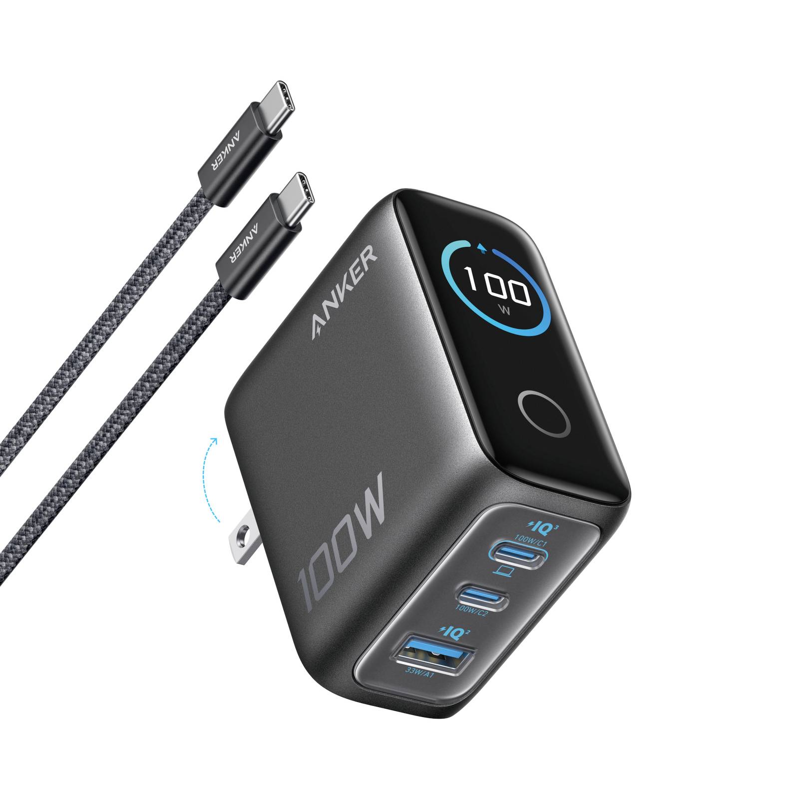 Chargeur mural Anker 100W USB-C avec affichage numérique de la puissance, trois ports USB et deux câbles USB-C tressés sur un fond blanc.