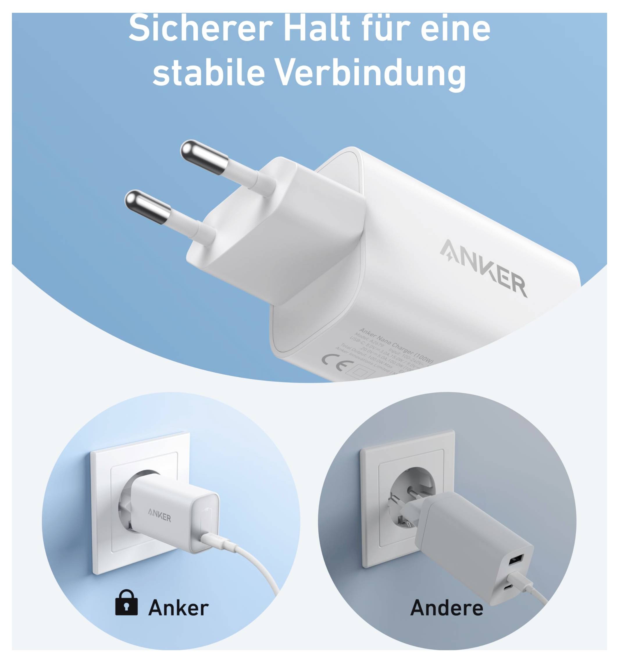 Chargeur mural Anker avec deux broches montré comme étant solidement ajusté ; la comparaison ci-dessous montre le chargeur Anker branché fermement par rapport à un autre chargeur qui pend mollement de la prise.