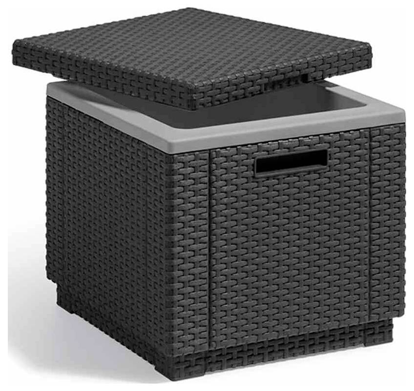 Cube de rangement extérieur tissé noir avec couvercle amovible et ouverture par poignée frontale.