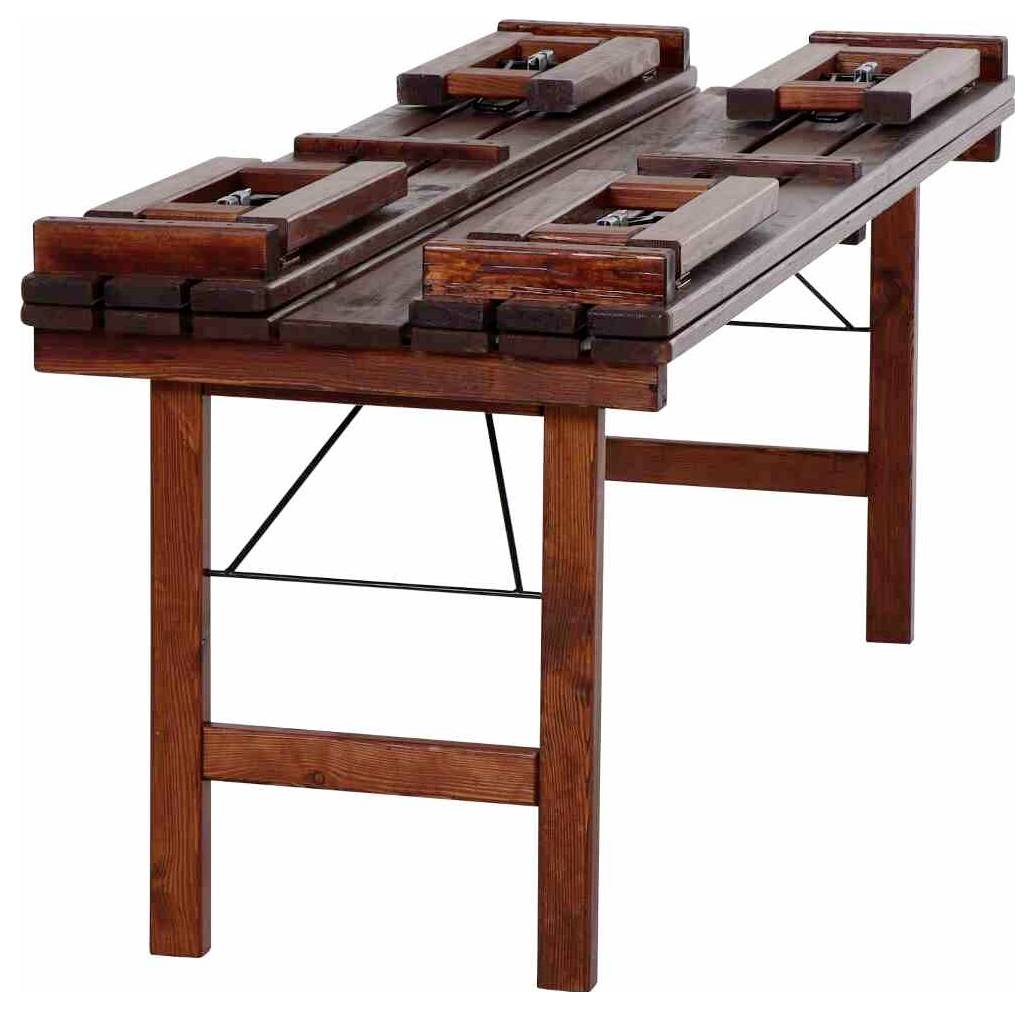 Table pliante en bois avec deux lames de plateau et supports ajustables, présentée sur un fond blanc.