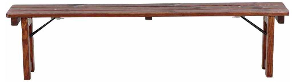 Banc en bois rectangulaire avec un siège en long plancher et des pieds croisés simples, présenté sur un fond blanc uni.