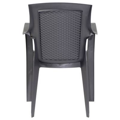 Chaise en plastique gris à dos tissé vue de face sur fond blanc.