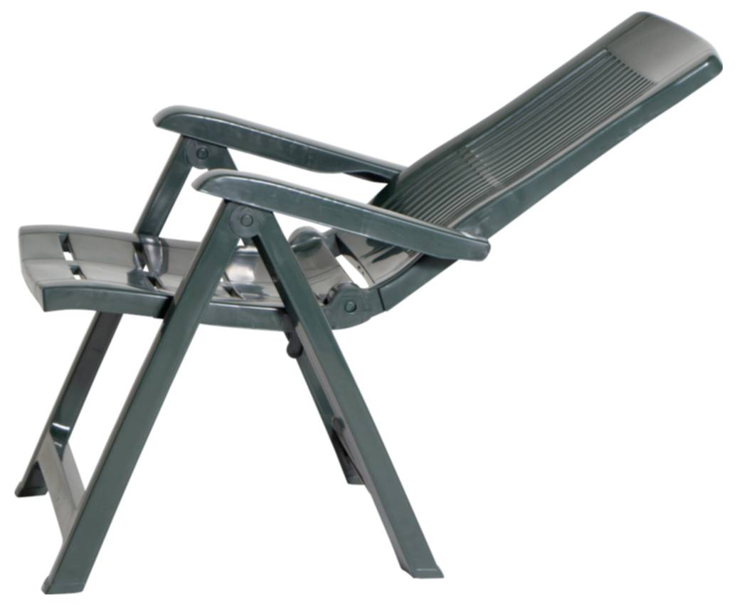 Chaise longue pliante vert foncé avec dossier inclinable et repose-pieds, présentée en vue latérale sur fond blanc.