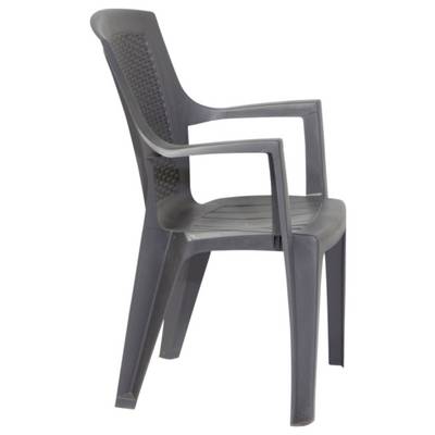 Fauteuil en plastique gris foncé avec un dossier haut et un panneau latéral à texture tissée, présenté sur un fond blanc uni.