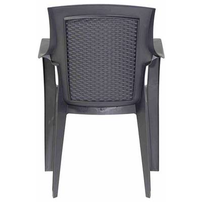 Fauteuil en plastique noir vu de l'arrière sur un fond blanc.