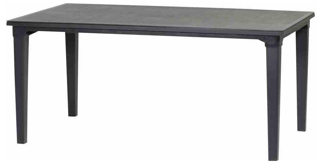 Table rectangulaire gris foncé avec quatre pieds sur fond blanc.