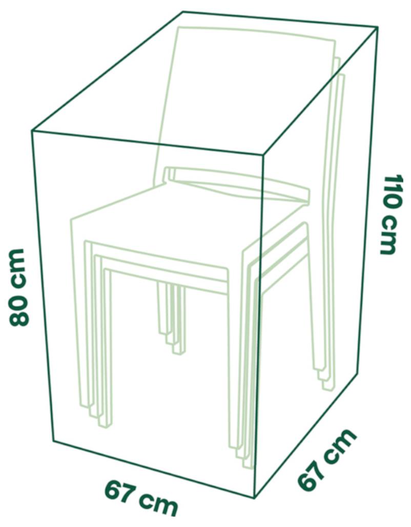 Dessin à l'échelle d'une chaise emboîtée dans une boîte, montrant la dimension d'emballage 67 cm par 67 cm par 110 cm.