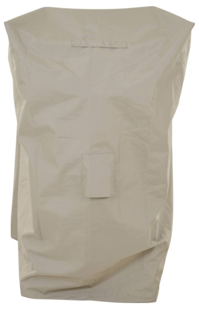 Sac de rangement à cordon de serrage beige posé verticalement sur un fond blanc uni.
