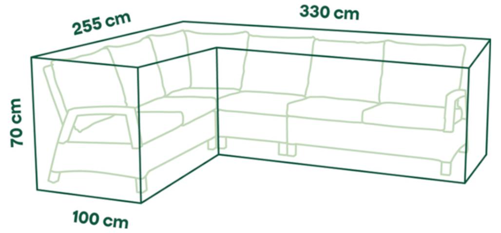 Diagramme de canapé sectionnel d'angle montrant les dimensions : 330 cm de long, 255 cm de large, 70 cm de haut, et 100 cm de profondeur.